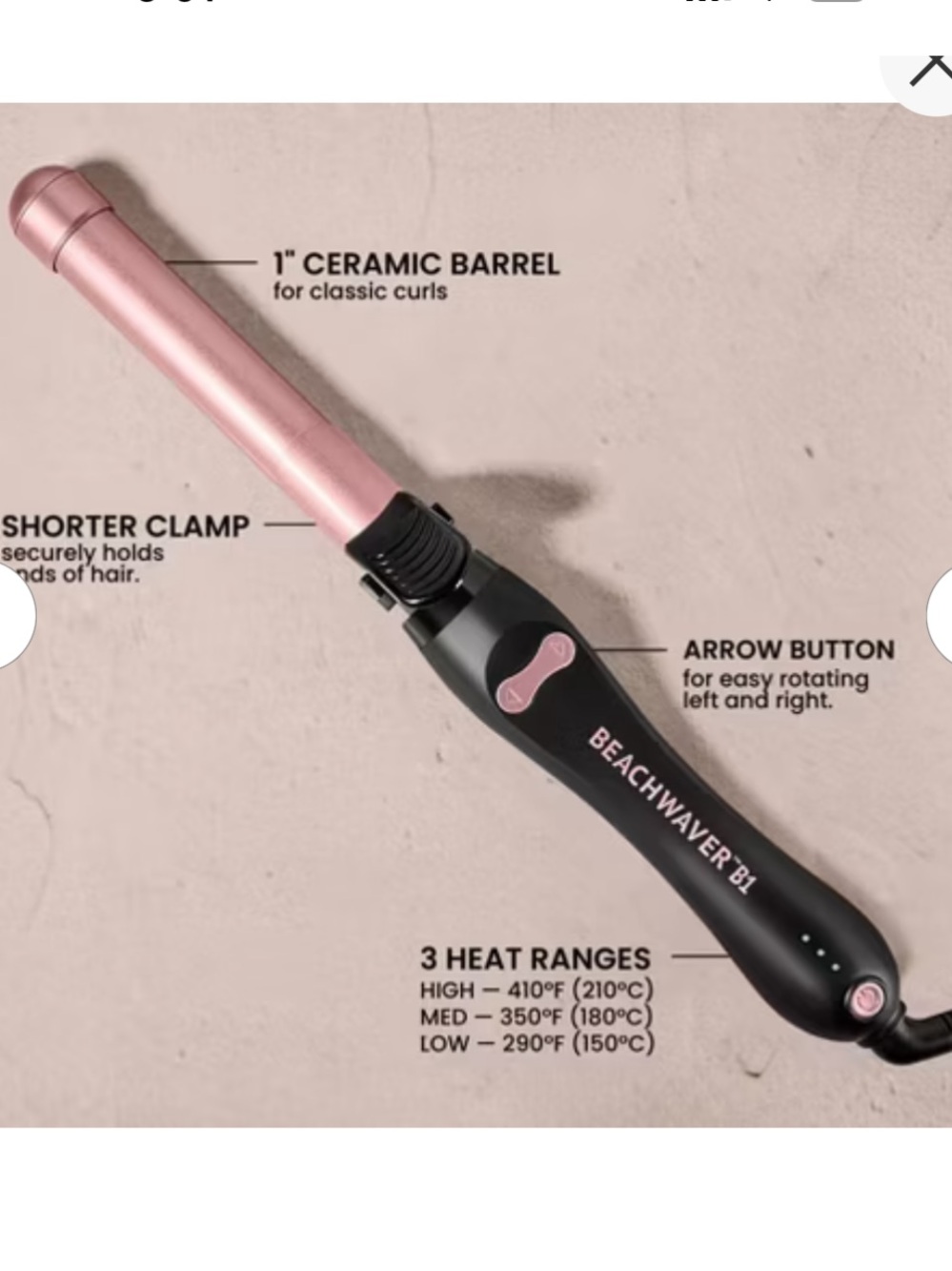 Beachwaver B1 Ceramic Rotating Curling Iron, model BW160BX. Dual Voltage